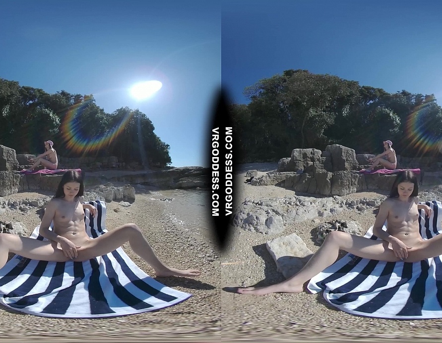 Matty Glass Dildo Masturbating Nude Beach with Josie Sunbathing Nude Background