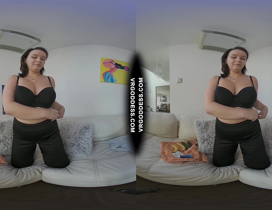 Big Boobed Vanessa Klein Masturbating with Bananas and Cucumbers on the White Casting Couch